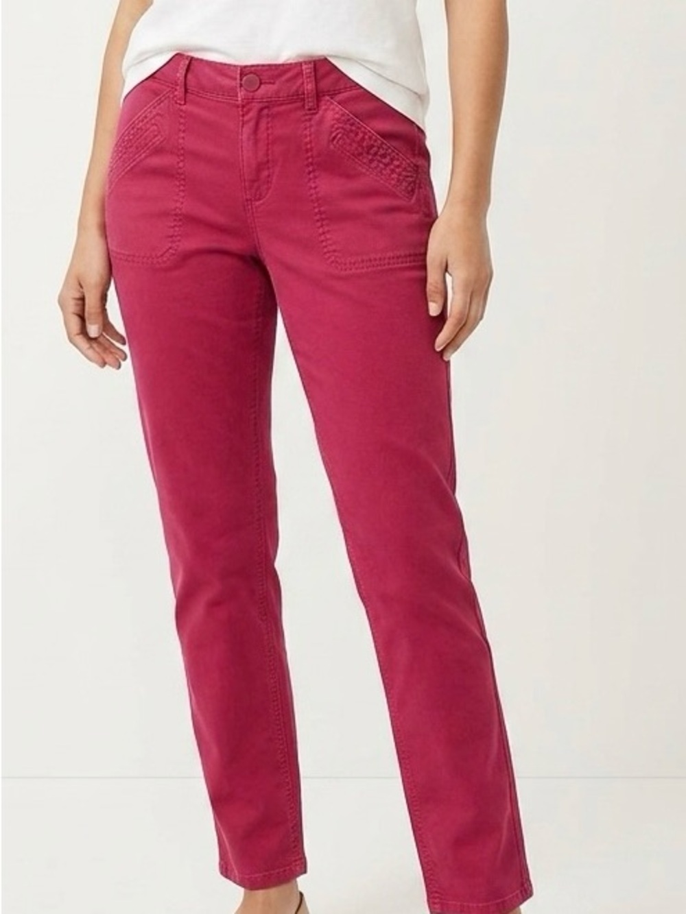 LOFT Red Linen Cotton Blend Utility Cargo Pants Size 2 Stitch Detailing